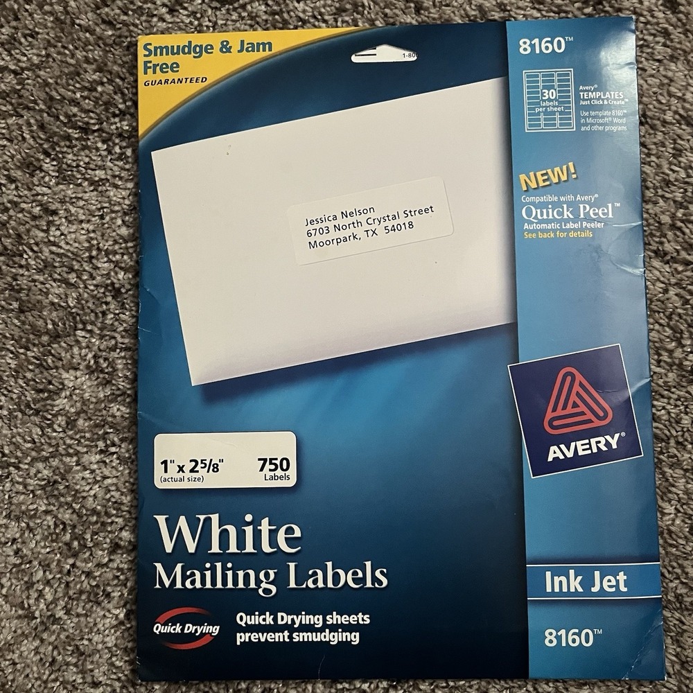 AVERY 8160 White Mailing Labels Laser 1"x2 5/8" 17 Sheets (510 Labels Total)